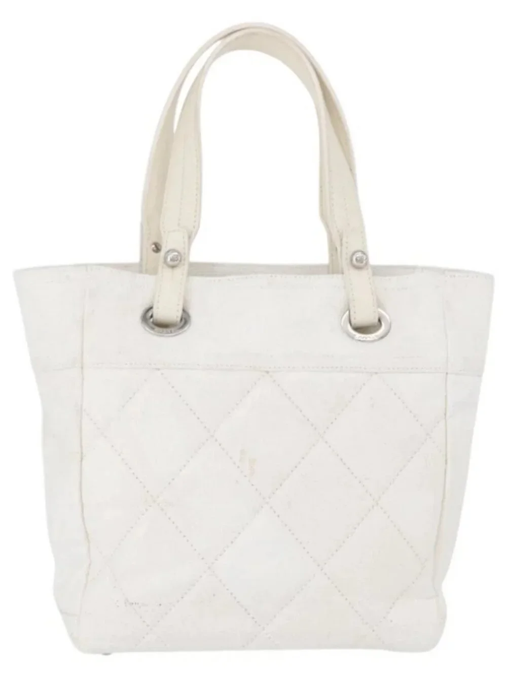 CHANEL Tote Bag Leather Silver White CC Auth BA10495